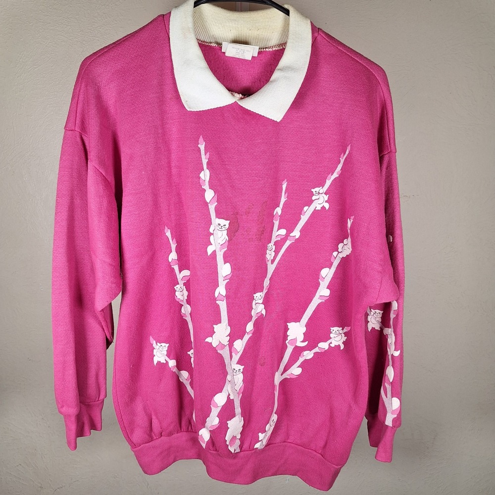 Spumoni Vintage Cat Sweatshirt 90s Puff Print Nature Collared Pink Large